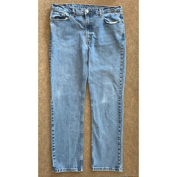 Levis 514 Straight Fit Jeans Mens 38x32 Mid Rise Faded Distressed Blue Denim - Picture 1 of 8